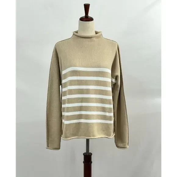 FRANK & EILEEN Sz S Small Tan White Stripe Monterey Roll Neck Sweater